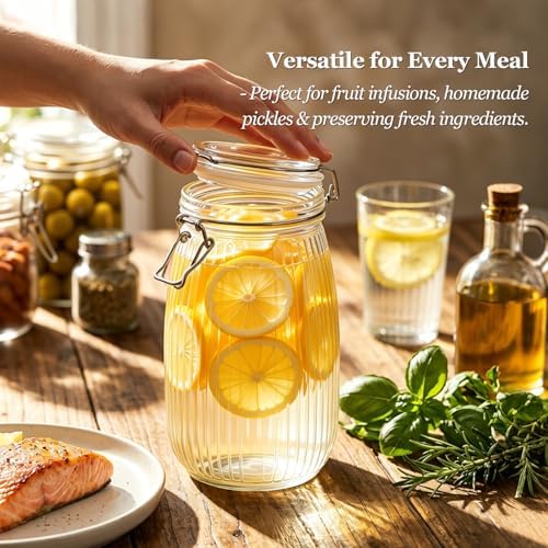 ComSaf Large Ribbed Glass Jars with Airtight Lids 51 oz 3 Pack Wide Mouth