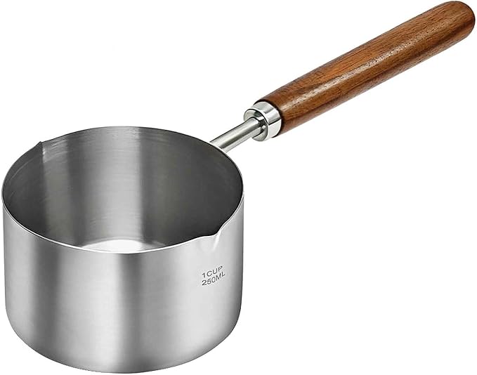 Mini Sauce Pan Cooking Pot with Wooden Handle, Stainless Steel Small Milk Pan and Butter Warmer, with pour spout,250ml