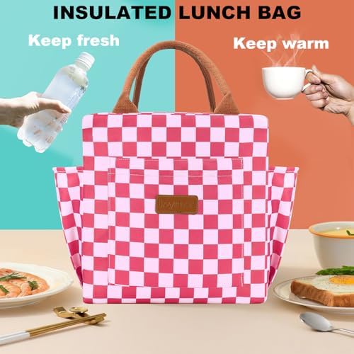 Joymee Lunch Bag Women, Reusable Leakproof Cooler Tote - Checker Pink