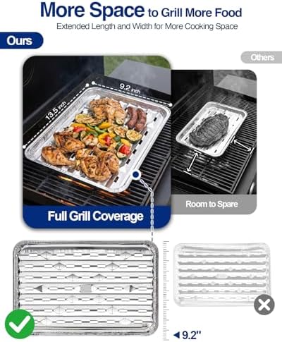 25Pcs Broiler Pans for BBQ Grill, 9.2 x 13.5 Grill Pan Liners with Ribbed Surface, Disposable Aluminum Foil Trays for Oven with Hole