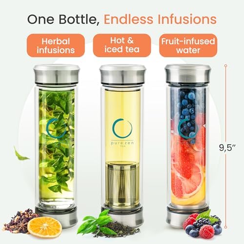 Pure Zen Tea Infuser Bottle, 13 oz, Tea Bottle with Infuser, Tea Gift Set