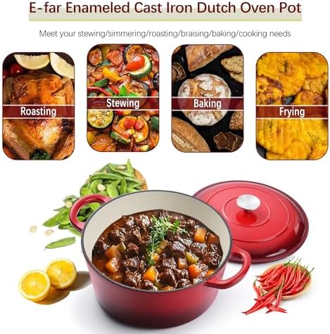 E-far 7QT Enameled Dutch Oven, Cast Iron Dutch Oven Pot with Lid for Cooking/Bread Baking/Braising/Roasting/Stewing, Heavy Duty Round Nonstick Cookware Safe for Induction & Oven - Red