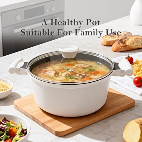 7 Qt Nonstick Stock Pot with Lid,Large Soup Pot with Stay-Cool Handle,White