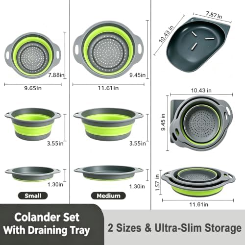 AUOON Collapsible Colander Set (3QT + 4QT) with Draining Base, Gray+Green