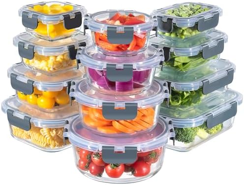 MFY 12-Pack Glass Storage Containers with Lids, Glass Meal Prep Containers Set, Airtight Lunch Containers with Lids, Microwave, Oven, Freezer and Dishwasher Safe, Gray