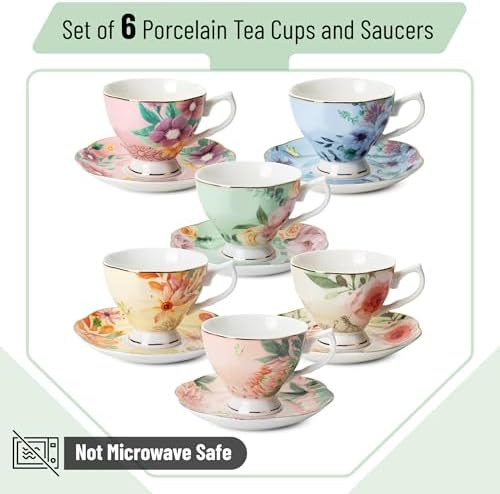 BTaT- Floral Tea Cups and Saucers, 6 Pack, 8 oz