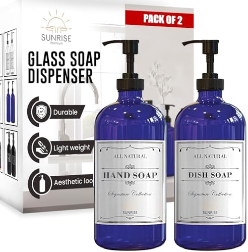 Sunrise Premium Cobalt Blue Glass Soap Dispenser with Pump, 2 Pack