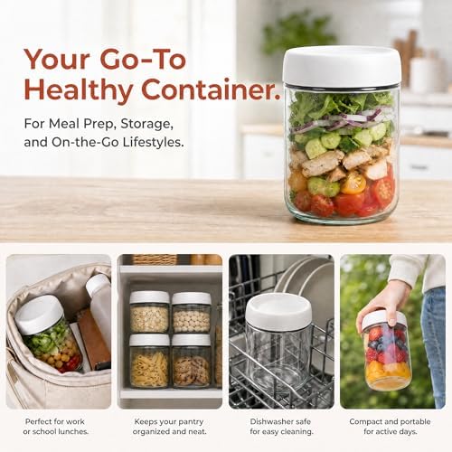 EONJOE 6-Pack 16oz Glass Jars with Lids for Food Storage Meal Prep Airtight