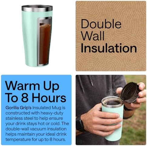 GORILLA GRIP 304 Stainless Steel Travel Coffee Mug, 20oz Tumbler, Mint