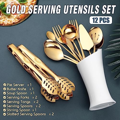 Gold Serving Utensils, OGORI 12-Piece Stainless Steel Serving Utensils Include Serving Spoons, Slotted Spoons, Serving Tongs, Serving Forks, Butter Knife, Stirring Spoon, Soup Ladle, Pie Server