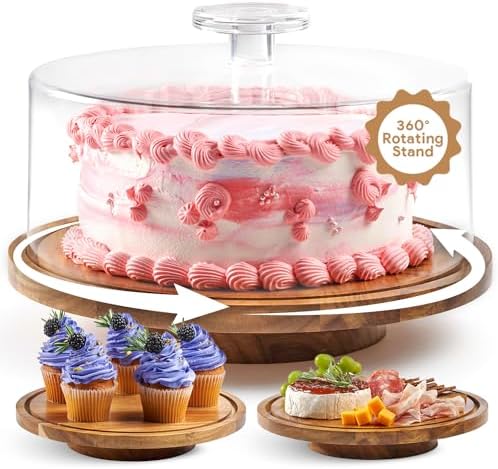 HOMESPHERE Rotating Cake Stand With Lid - 12 Inch Round Cake Holder with Cover, 4” Tall, Acacia Wood Spinning Cake Turntable for Decorating, Display and Serving Platter, Acrylic Cake Dome, No Glass