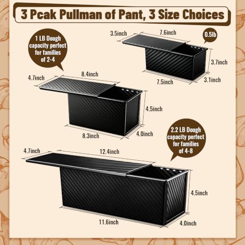3 Pack Pullman Loaf Pans, Bread Pans with Lids, Black