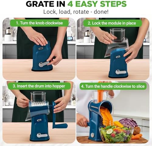 NutriChef 5 in 1 Cheese Grater & Shredder | 5 Different Blades for Thin, Thick, Julienne Strips, Wavy, & Straight Strips | Includes Hand Crank, Strong Suction Base & Storage Container | Blue