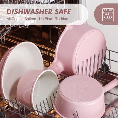 SENSARTE Ceramic Nonstick Saucepan with Double Pouring Spout, 3QT, Pink