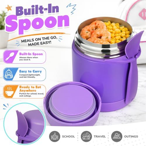 Howeemo 10oz Soup Thermo for Hot Food Kids, Insulated Food Jar with Spoon, Leak Proof Stainless Steel Wide Mouth Lunch Food Thermo Jar for School (Purple)