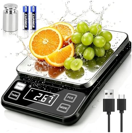 Waterproof Food Scale, 22lb Digital Kitchen Scale with Batteries, 304 Stainless Steel Precision Gram Scale for Baking, Cooking, Meal Prep, Tare Function