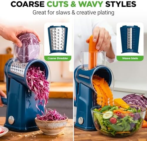 NutriChef 5 in 1 Cheese Grater & Shredder | 5 Different Blades for Thin, Thick, Julienne Strips, Wavy, & Straight Strips | Includes Hand Crank, Strong Suction Base & Storage Container | Blue