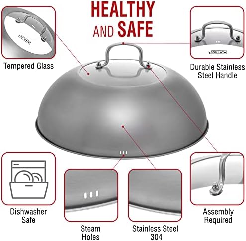 YOSUKATA Blue Round Bottom Wok Pan – 14" Woks and Stir Fry Pans + Wok Lid 13.6 Inch - Premium Stainless Griddle Dome with Tempered Glass Insert Steam Holes