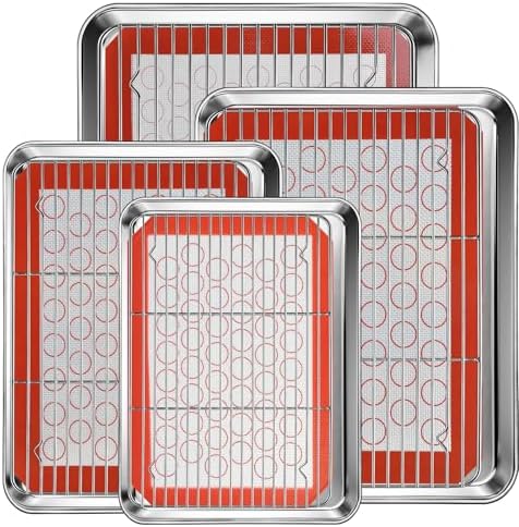 Baking Sheet Pan Set of 12, CEKEE Stainless Steel Cookie Sheets for Baking with Cooling Rack Silicone Baking Mat, Small/Quarter/Jelly Roll Pan, 9/10/12/16 Inch, Heavy Duty & Non Toxic & Easy Clean