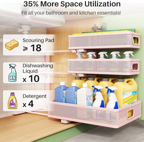 Kitstorack Under Sink Organizer, 1-Pack 3-Tier Height Adjustable Thickened Metal Pull out Cabinet Organizer Shelf, Slide out Storage Drawer Rack for Bathroom Kitchen Pantry Home Organization, Pink