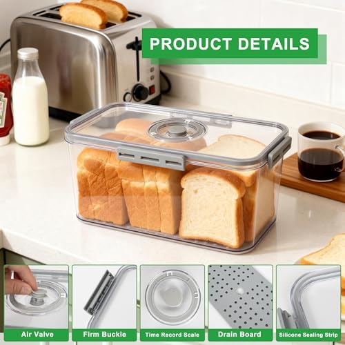 Tiawudi Plastic Bread Box for Kitchen Countertop, Airtight Bread Storage Container for Homemade Bread, Toast, Loaf, Bagel, Donut and Cookies, Time Recording Bread Keeper, Dishwasher Safe