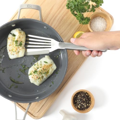 Calphalon Prime Slotted Fish Turner, Kitchen Flipping Spatula, Slotted Spatula, Stainless Steel Slotted Turner with Silicone High-Heat Resistant Handle, Cookware for Flipping and Draining (Taupe)