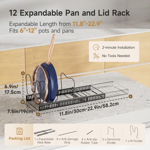 MUDEELA Pot Lid Organizer for Cabinet, Expandable Baking Pan Rack 12 Slots