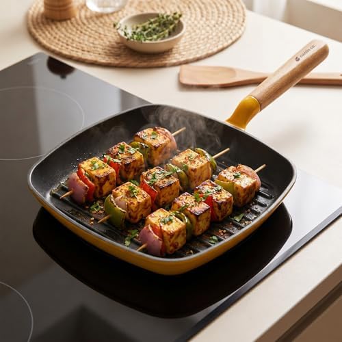 CUMIN CO. Enameled Cast Iron Grill Pan 10 Inch, 1.2 QT Grill Skillet – Non Toxic PFAS Free Cookware – 4 Layer Enamel Coated – Indoor Grill Pan for Steak, Chicken, Burgers & Vegetables (Mustard)