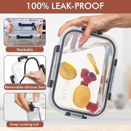 Razab 2 Pcs 1860ml / 63 Oz Large Glass Food Storage Containers with Lids - Glass Meal Prep Containers with Locking Lids for Roasting, Storing Leftover, Lunch Container, BPA Free, Microwave & Oven Safe