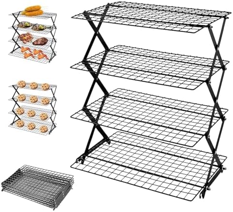 4-Tier Upgraded Collapsible Cooling Rack with Adjustable Setting Design,Cooking Drying Wire Cooling Rack for Baking, Cookies, Cake, Roasting, Grilling
