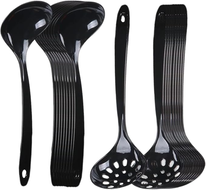 Large Plastic Serving Spoons,Disposable Heavy Duty Serving Spoons,Long Handle Scoop Soup Rice Ladle for Party Catering Buffet Restaurant,20 Pieces (10 Black Colander +10 Black Spoon)