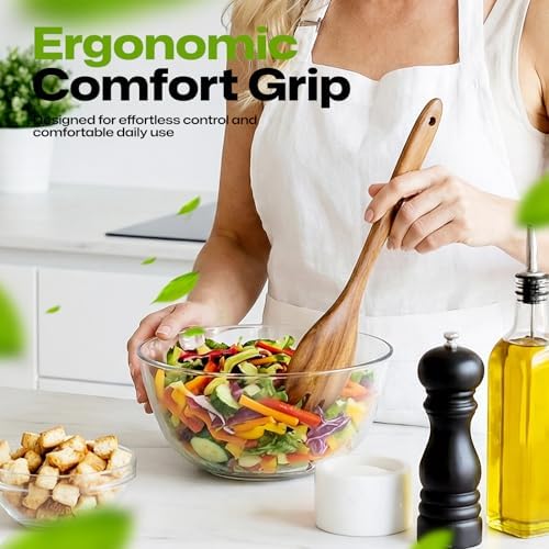AIUHI Wooden Salad Spoon Fork, 2-in-1 Teak Wood Cooking Utensil, Long Handle Non-Stick Safe Pasta Server for Mixing Tossing Serving Salad Pasta and Fruits