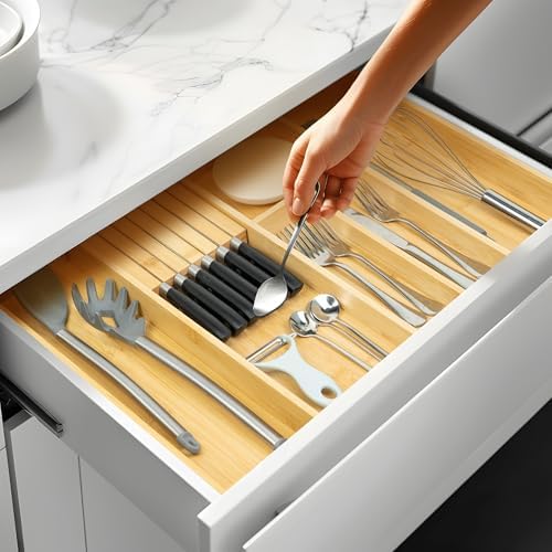 VaeFae Bamboo Silverware Drawer Organizer, 6 Slots, Natural