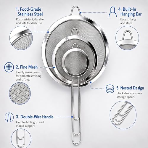 HiramWare Fine Mesh Strainer Set of 3, Premium Stainless Steel Colander with Handle, Large, Medium, Small Sieve for Tea, Pasta, Rice, Fruits, Berries, Flour, Veggies, Metal Sifter for Kitchen