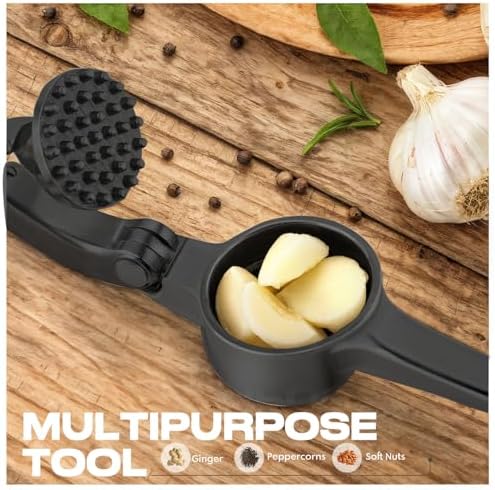 Kitchen Garlic Press, Rust Proof & Dishwasher Safe Garlic Mincer, Durable Garlic Crusher Set with Peeler＆Brush, Easy to Clean and Squeeze, Black