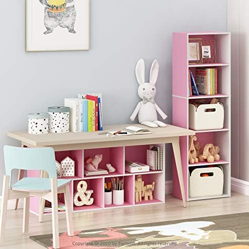 Furinno LUDER Book Shelf, 5-Tier Bookshelf, Bookcase with Open Shelves, 9.4 x 15.8 x 52, Easy Assembly, for Living Room, Bedroom, Home Office, White/Pink