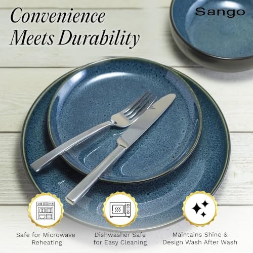Sango 16-Piece Stoneware Dinnerware Set for 4, Glossy Black/Blue Big Dinner Plates and Bowls Sets with Reactive Glaze, Ceramic Dish Set, Modern Beautiful Dishes, Microwave & Dishwasher Safe, Resona
