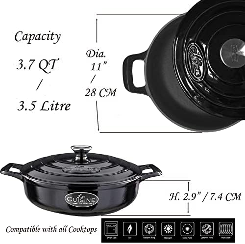 La Cuisine Enameled Cast Iron Braiser Sauté Pan Shallow Dutch Oven with Lid Internal Matt Black Enamel Coating 3.75 QT 11" / 28cm Ø, Oven-Safe 550°F/276°C, For GlassTop, Black