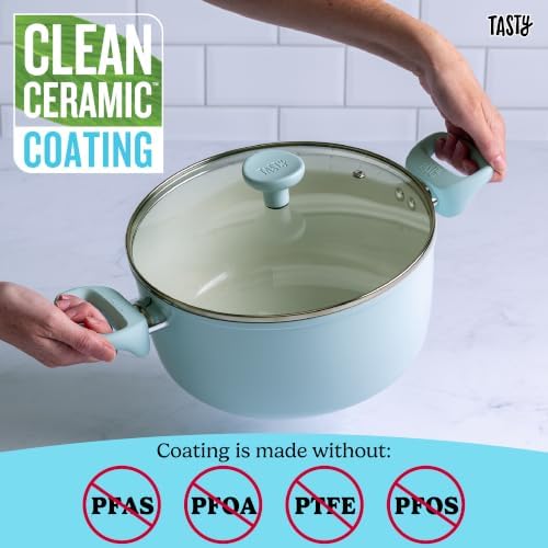 Tasty Ceramic Stock Pot with Glass Lid, Healthy Nonstick Aluminum Cookware, Dutch Oven, Soup Pot, Casserole, Made without PFAS, PFOA, PFOS and PTFE, Dishwasher Safe, 5-Quart, Aqua