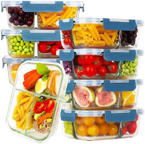 8 Pack 36oz Borosilicate Glass Meal Prep Containers 3 Compartment with Lids