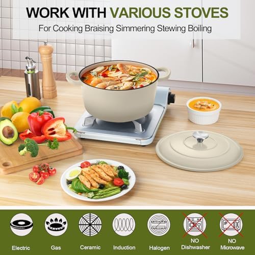 P&P CHEF 5QT Enameled Dutch Oven, Dutch Oven Pot for Bread Baking, Khaki