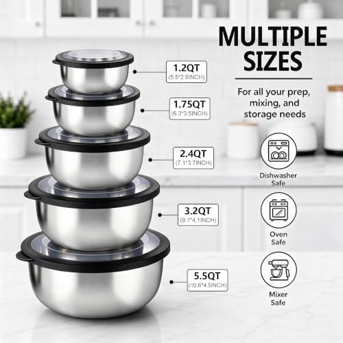 E-far Mixing Bowls with Lids Set of 5, Stainless Steel Nesting Salad Bowls