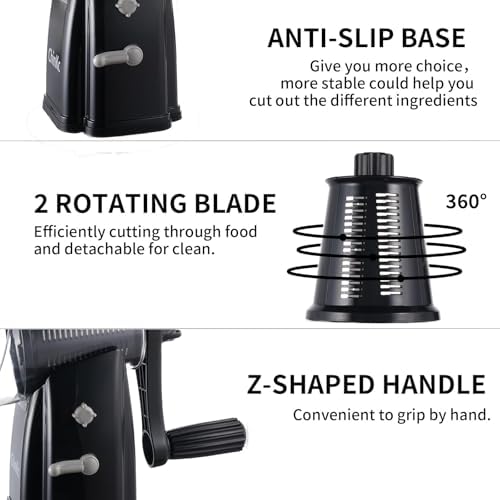 Upgrade Rotary Cheese Grater Shredder with Handle, Strong Suction Base, Multi-purpose Rotary Grater Slicer with 5 Interchangeable Blades for Ice, Vegetables, Fruit, Nuts with Blade Storage Box