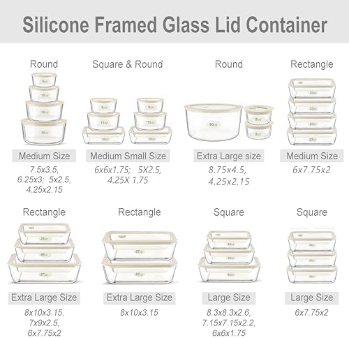 Glass Meal Prep Containers with Lids, Airtight Leak Proof Food Storage Containers, Plastic-Free Silicone Framed Vented Glass Lids, Oven Safe Baking Dishes, Microwave, Fridge, Freezer & Dishwasher Safe
