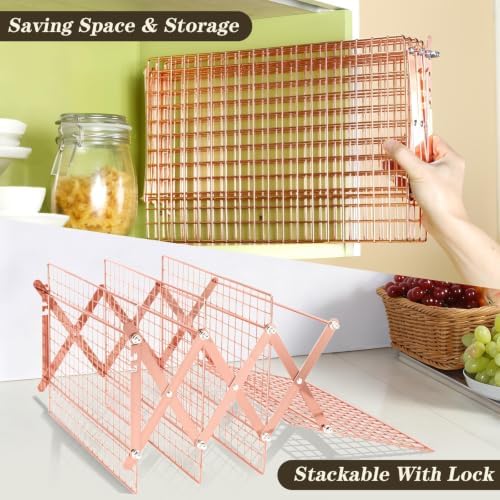 Pleafind 4 Tier Rose Gold Collapsible Cooling Rack - 3 Setting Design, Adjustable ＆ Stackable Baking Rack, 5 Modes Cooling Racks for Cooking and Baking, Roasting ＆ Grilling Gifts for Picnic Party