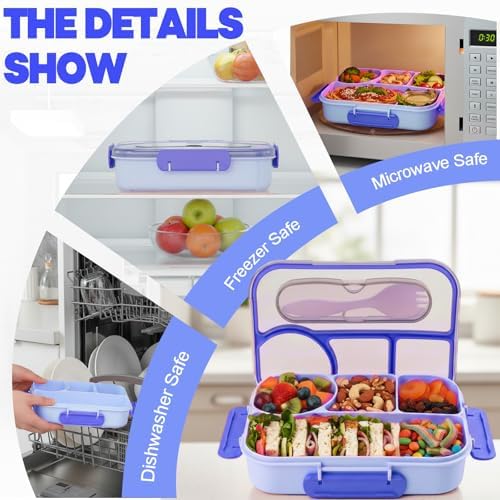Bento Box for Adults, 4 Compartments Lunch Box, Lunch Containers, Blue