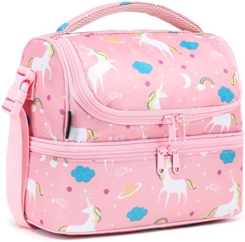 FlowFly Kids Double Decker Cooler Insulated Lunch Bag Large Tote for Boys, Girls, Men, Women, With Adjustable Strap, Unicorn