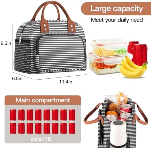 Lunch Bag for Women, Insulated Lunch Box for Women Men Work Adult, Cute Lunch Tote Large Capacity Reusable Cooler Containers for Picnic Travel Office or Beach (Black and White Stripes)