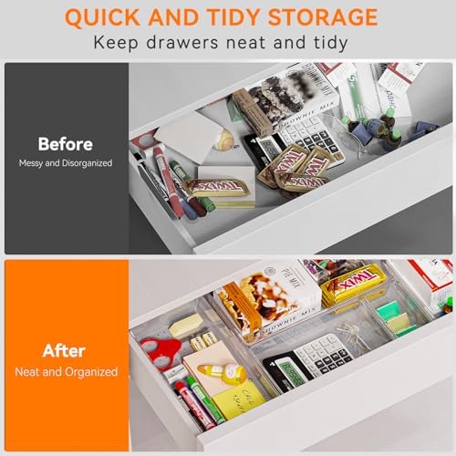 Criusia 16 Pack Large Clear Plastic Drawer Organizer Bins - 5 Size Acrylic Bathroom and Vanity Organizers and Storage Trays for Makeup Office Home, Kitchen Drawer Organizer for Utensils, Gadgets