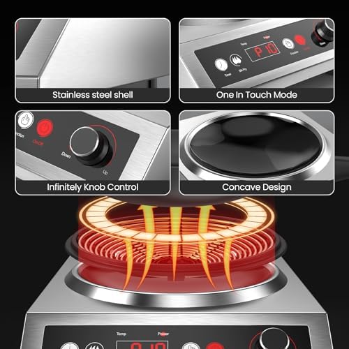 1800W Electric Wok Used For Home And Commercial,Induction Wok With Concave Surface Stainless Steel Strong Power Dual Control Mode 10 Power And Temp 24H Timer Induction Cooktop For Cooking